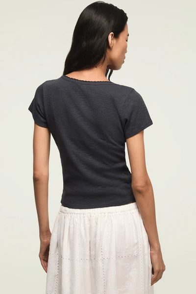 [167405-410] WOMENS LUCKY BRAND CROCHET TRIM SHORT SLEEVE HENLEY - INDIA INK