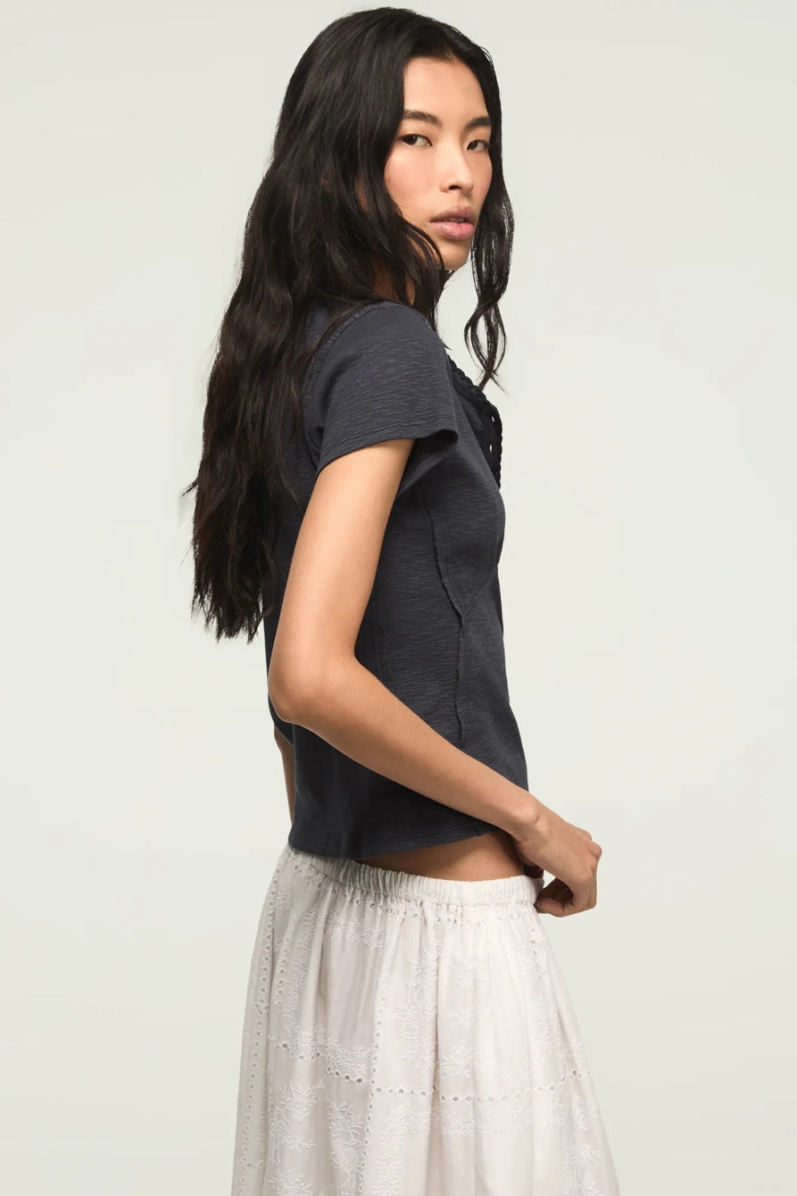 [167405-410] WOMENS LUCKY BRAND CROCHET TRIM SHORT SLEEVE HENLEY - INDIA INK – product view 4