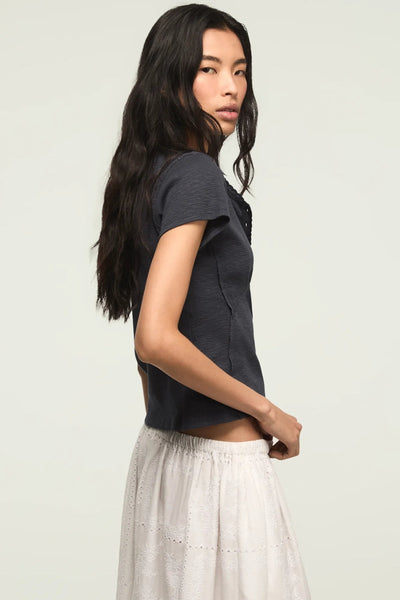 [167405-410] WOMENS LUCKY BRAND CROCHET TRIM SHORT SLEEVE HENLEY - INDIA INK