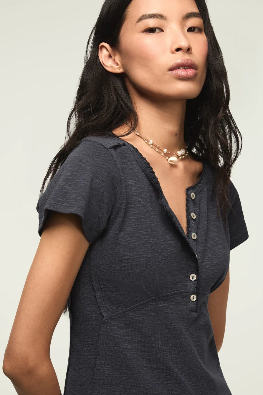 [167405-410] WOMENS LUCKY BRAND CROCHET TRIM SHORT SLEEVE HENLEY - INDIA INK – product view 5