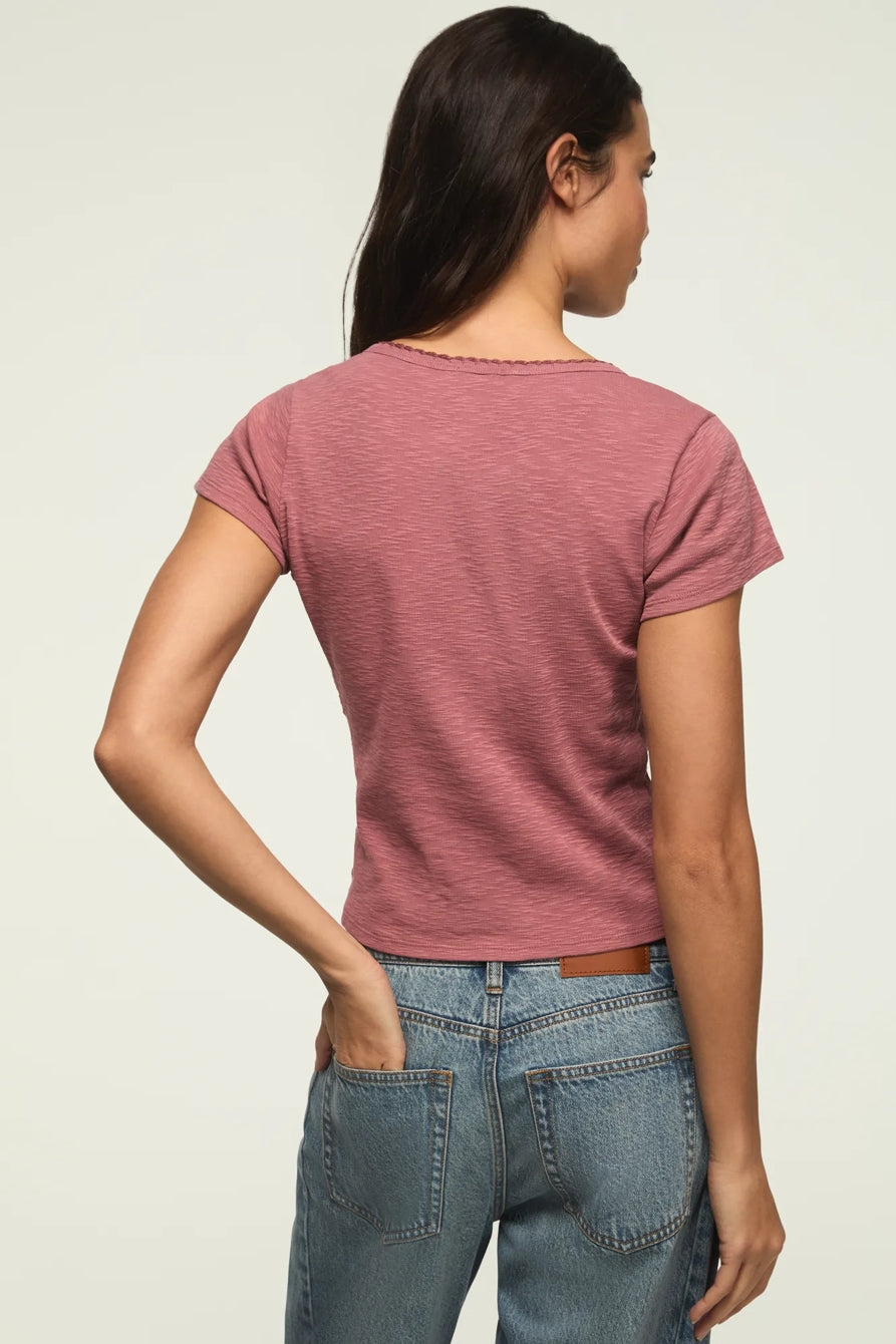 [167405-660] WOMENS LUCKY BRAND CROCHET TRIM SHORT SLEEVE HENLEY - LILAS – product view 3