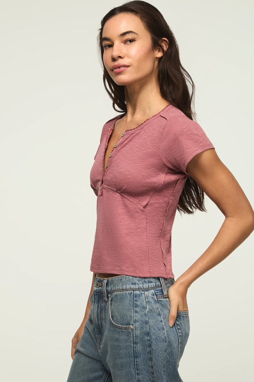 [167405-660] WOMENS LUCKY BRAND CROCHET TRIM SHORT SLEEVE HENLEY - LILAS – product view 4