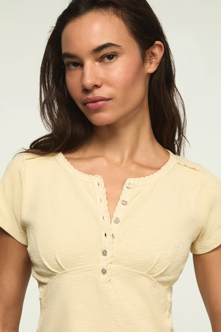 [167405-750] WOMENS LUCKY BRAND CROCHET TRIM SHORT SLEEVE HENLEY - LEMON ICING – product view 2