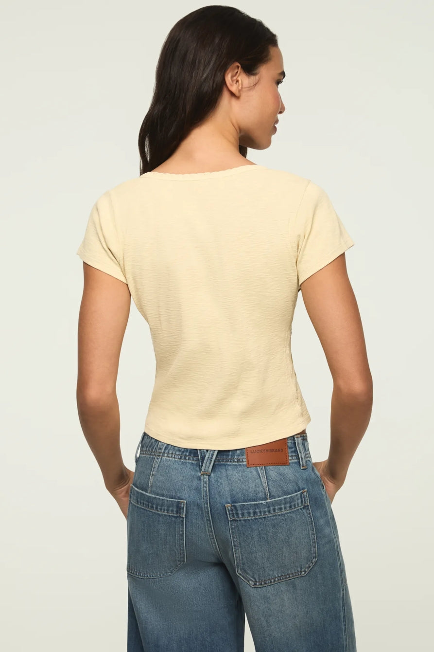 [167405-750] WOMENS LUCKY BRAND CROCHET TRIM SHORT SLEEVE HENLEY - LEMON ICING – product view 3