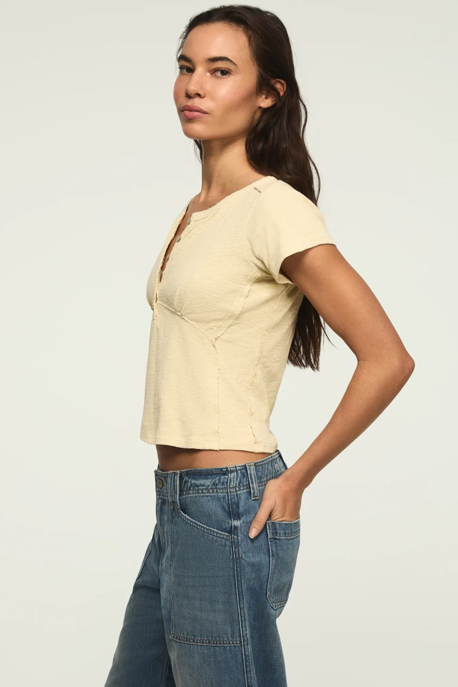 [167405-750] WOMENS LUCKY BRAND CROCHET TRIM SHORT SLEEVE HENLEY - LEMON ICING – product view 4