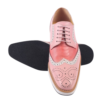Liberty Zeno Roy men’s leather wingtip shoe in Pink, overhead view with a second shoe showing the outsole, showing ostrich-leg print