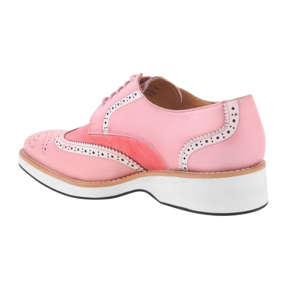 Liberty Zeno Roy men’s leather wingtip shoe in Pink, rear three-quarter view, showing ostrich-leg print
