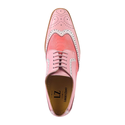 Liberty Zeno Roy men’s leather wingtip shoe in Pink, top view, showing ostrich-leg print
