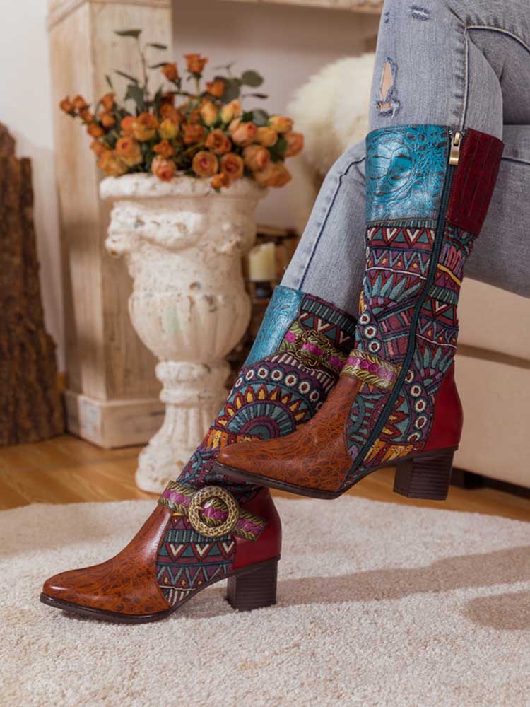 Bohemian Leather Splicing Pattern High Tube Boots – product view 11