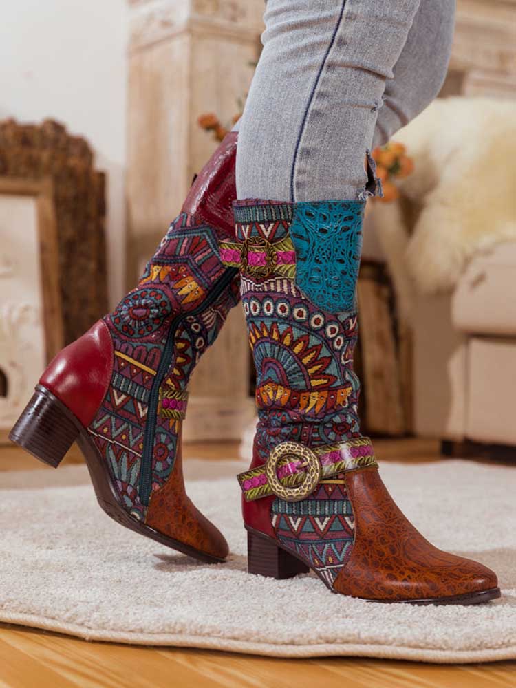 Bohemian Leather Splicing Pattern High Tube Boots – product view 12