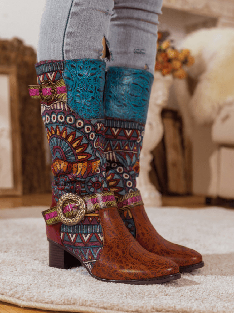 Bohemian Leather Splicing Pattern High Tube Boots – product view 8