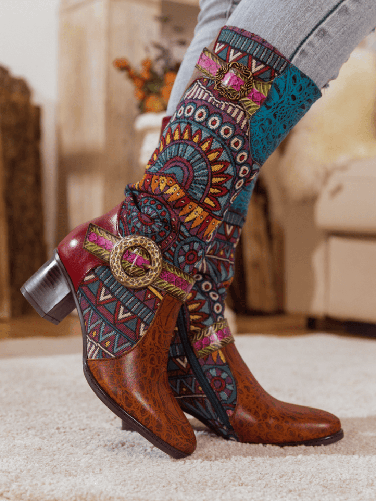 Bohemian Leather Splicing Pattern High Tube Boots – product view 9