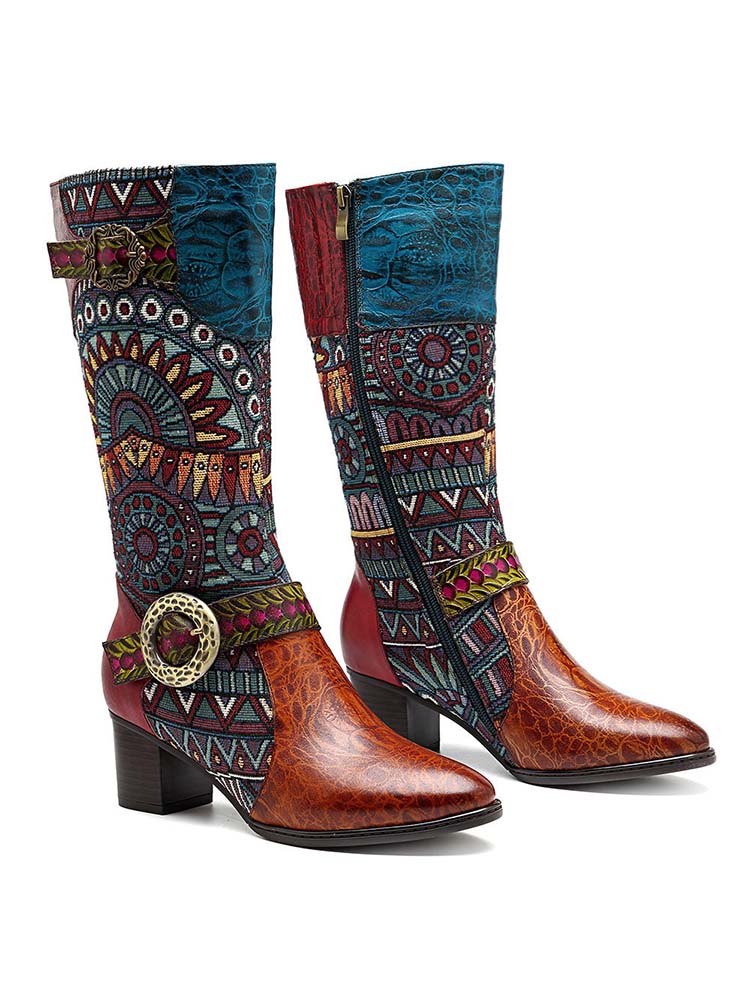 Bohemian Leather Splicing Pattern High Tube Boots – product view 5
