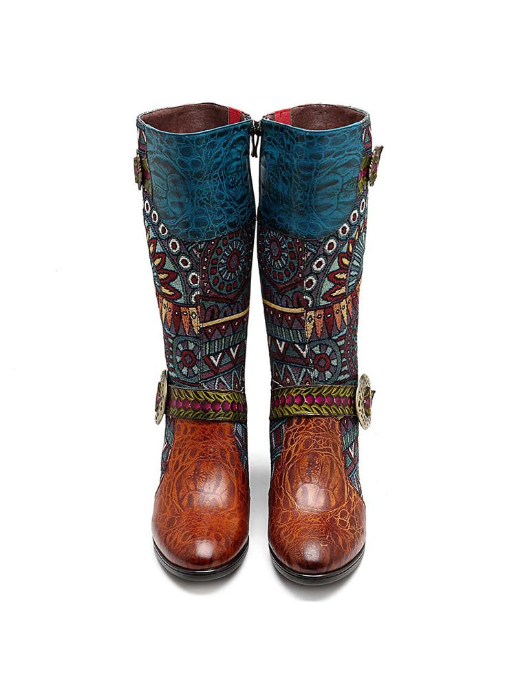 Bohemian Leather Splicing Pattern High Tube Boots – product view 6