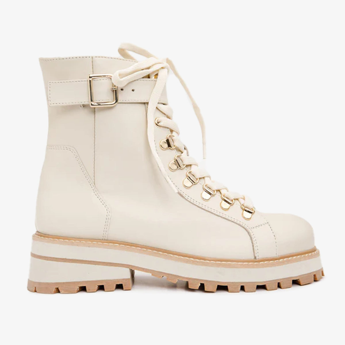 Vinci Leather The Belgrano Cream Leather Lace-Up Ankle Women Boot With a Side Zipper – product view 1