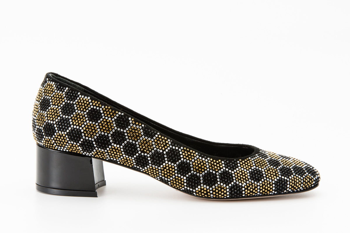 Vinci Leather The Doha Gold & Black Glitter Leather Block Pump Women Shoe – product view 4