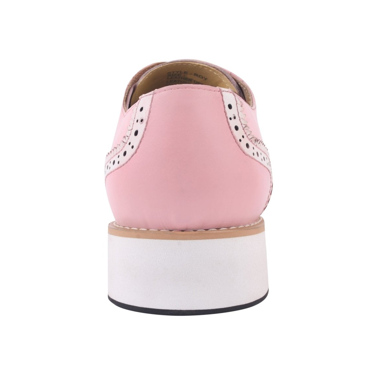 Liberty Zeno Roy men’s leather wingtip shoe in Pink, straight rear view