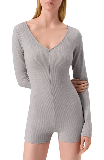 Alo Yoga Romper Rib 1 2 Zip Long Sleeve One Piece Women's Sneakers — Gray/Heather