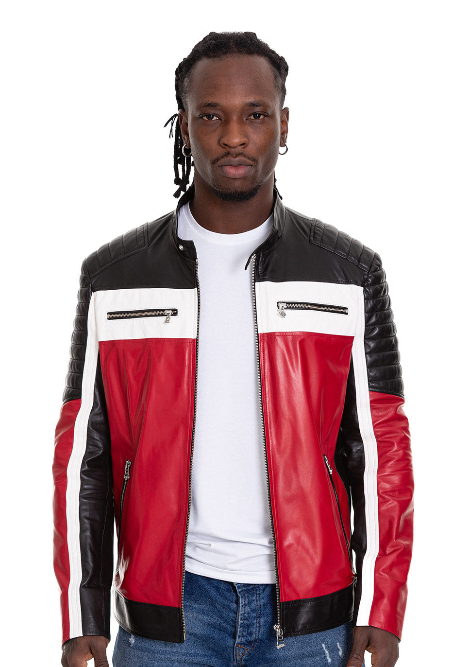 Vinci Leather The Martos Black & Red Leather Men Jacket – product view 1