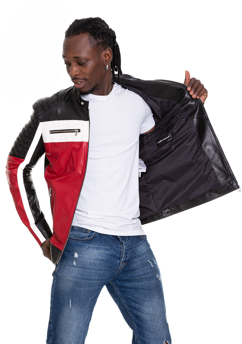 Vinci Leather The Martos Black & Red Leather Men Jacket – product view 2