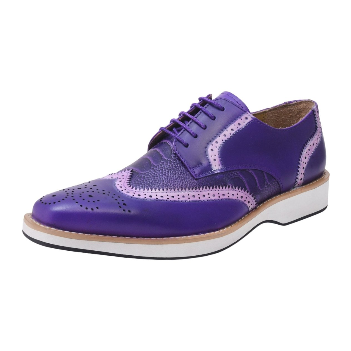 Liberty Zeno Roy men’s leather wingtip shoe in Purple, front three-quarter view, showing ostrich-leg print