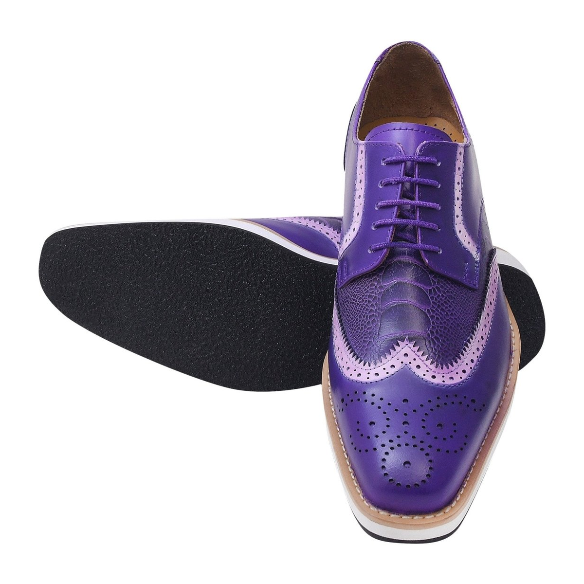 Liberty Zeno Roy men’s leather wingtip shoe in Purple, overhead view with a second shoe showing the outsole, showing ostrich-leg print
