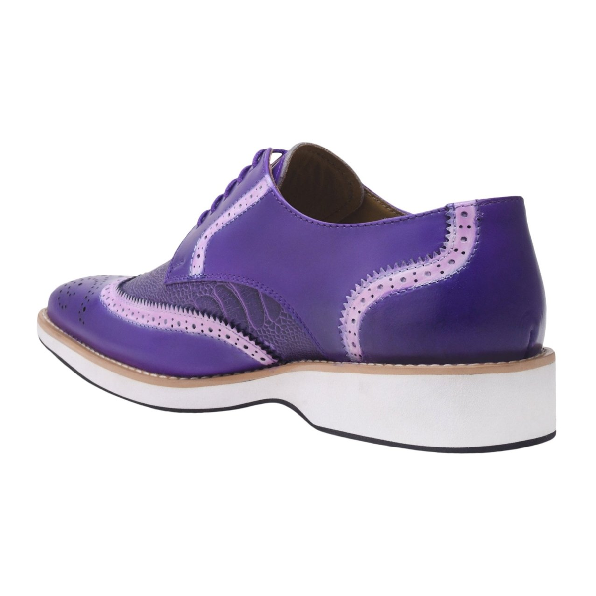 Liberty Zeno Roy men’s leather wingtip shoe in Purple, rear three-quarter view, showing ostrich-leg print