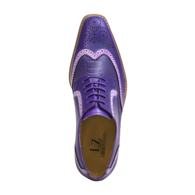 Liberty Zeno Roy men’s leather wingtip shoe in Purple, top view, showing ostrich-leg print