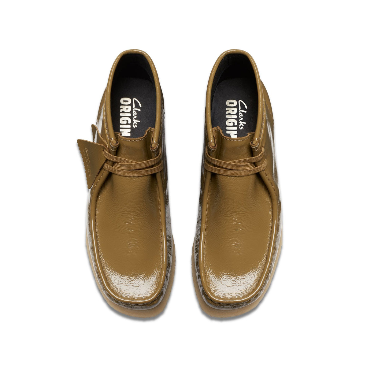 Clarks Originals Wallabee Boot Women's Dark Olive Patent Leather 26176554 — top view