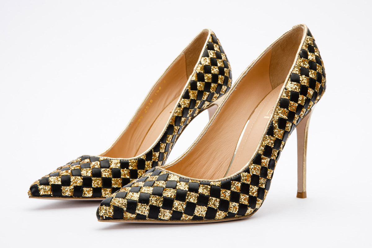 Vinci Leather The Saks Tory Gold & Black Handwoven Leather Pump Women Shoe – product view 2