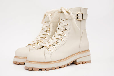 The Belgrano Cream Leather Lace-Up Ankle Women Boot With a Side Zipper