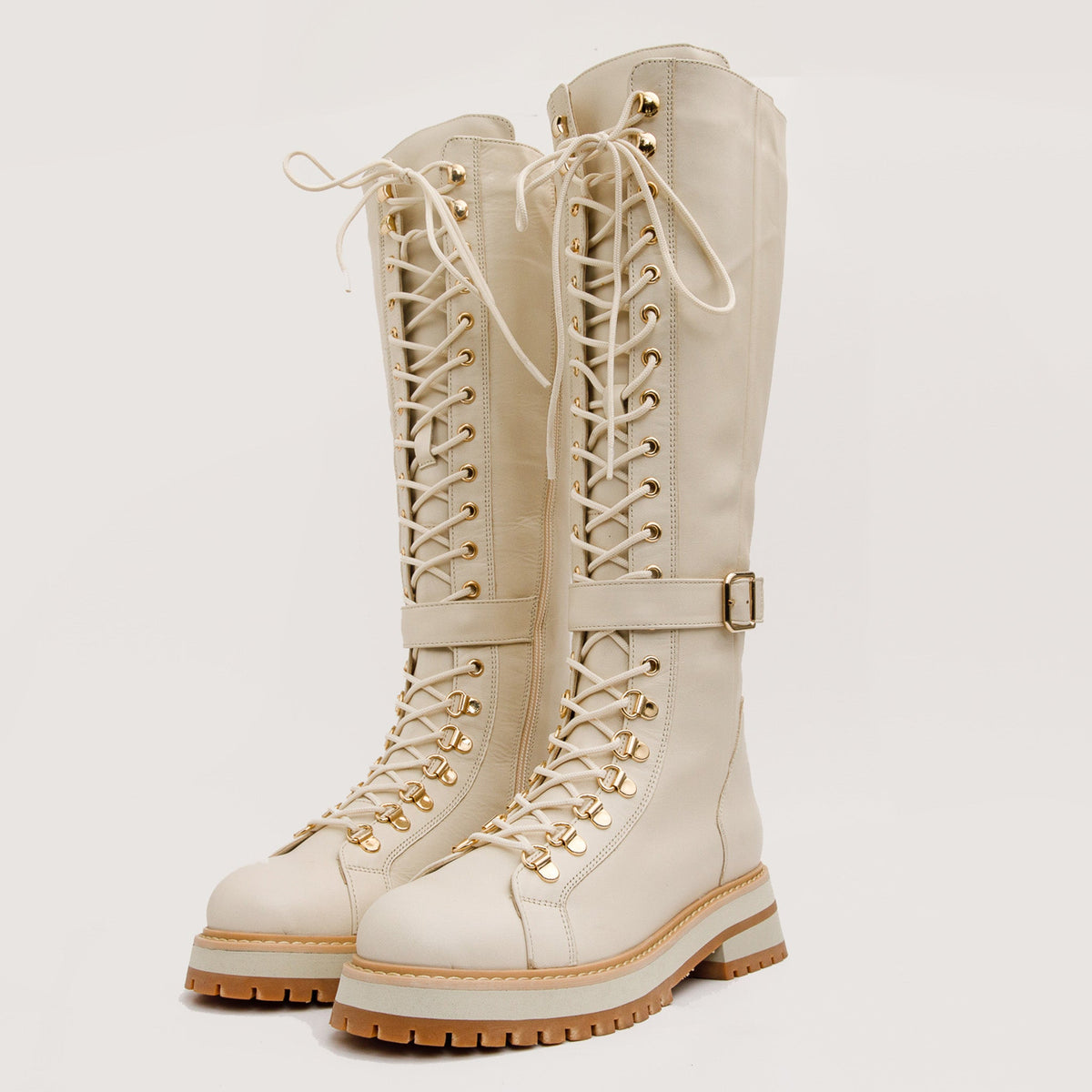 Vinci Leather The Istinye Cream Leather Knee High Lace-Up Women Boot Limited Edition – product view 2