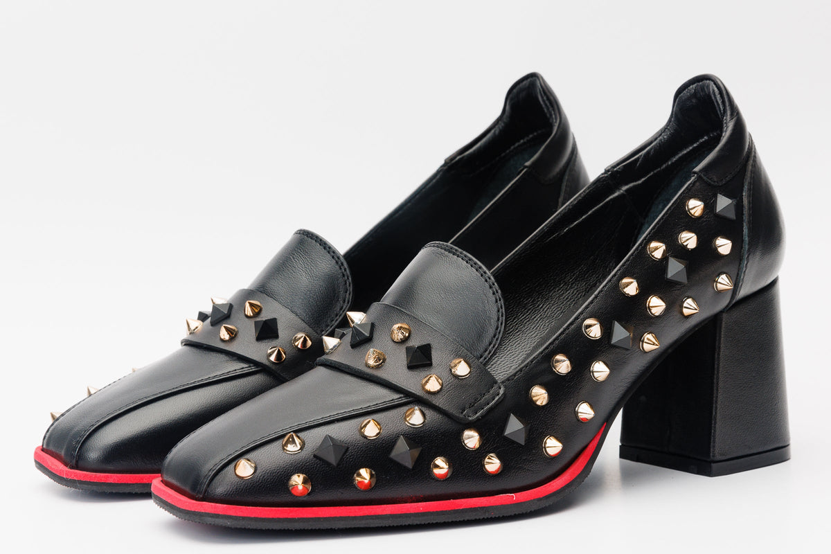 Vinci Leather The Infanta Black Spike Leather Block Heel Pump Women Shoe – product view 2