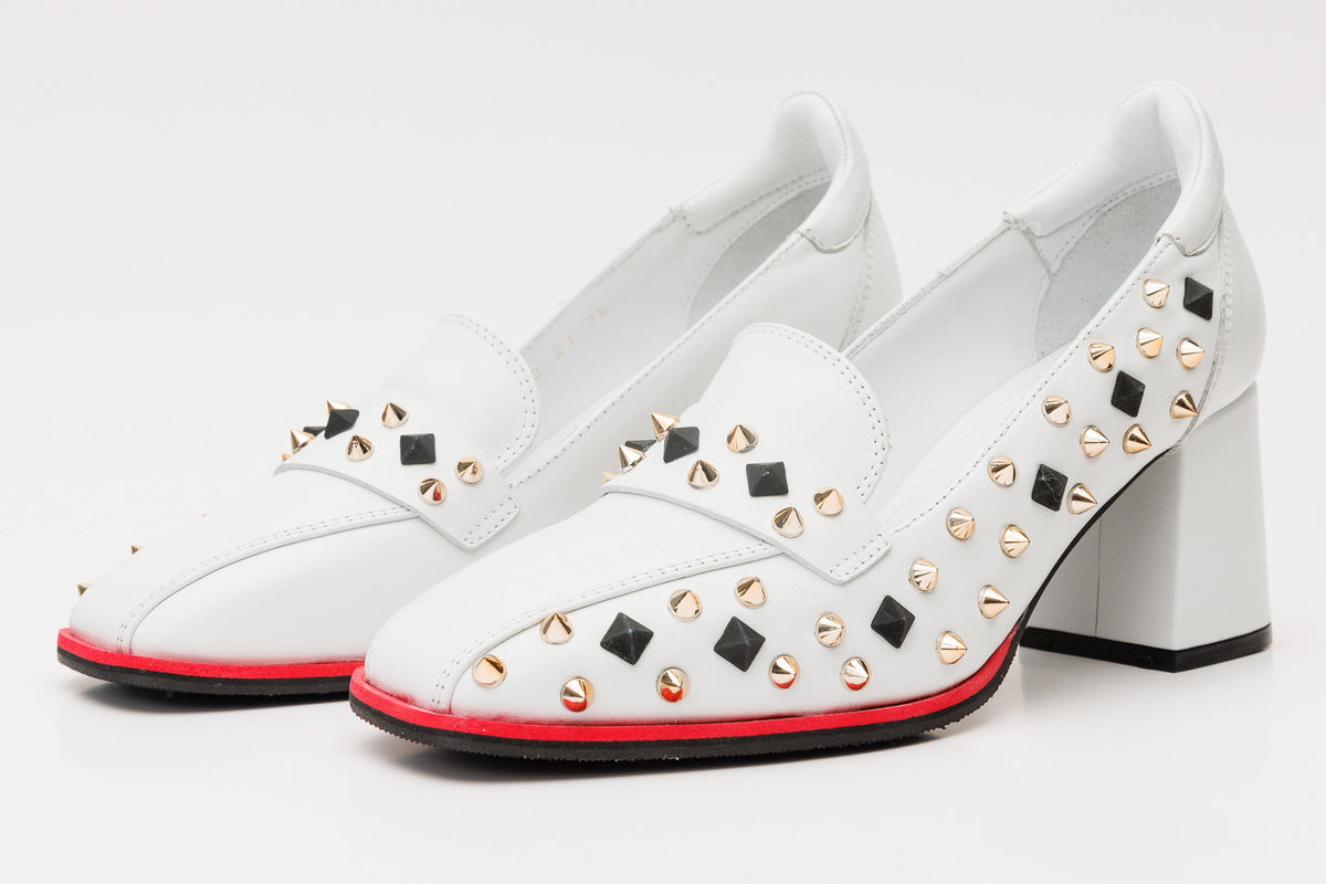 Vinci Leather The Infanta White Spike Leather Block Heel Pump Women Shoe – product view 2