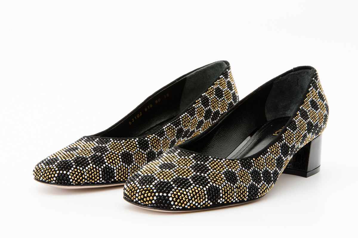 Vinci Leather The Doha Gold & Black Glitter Leather Block Pump Women Shoe – product view 2