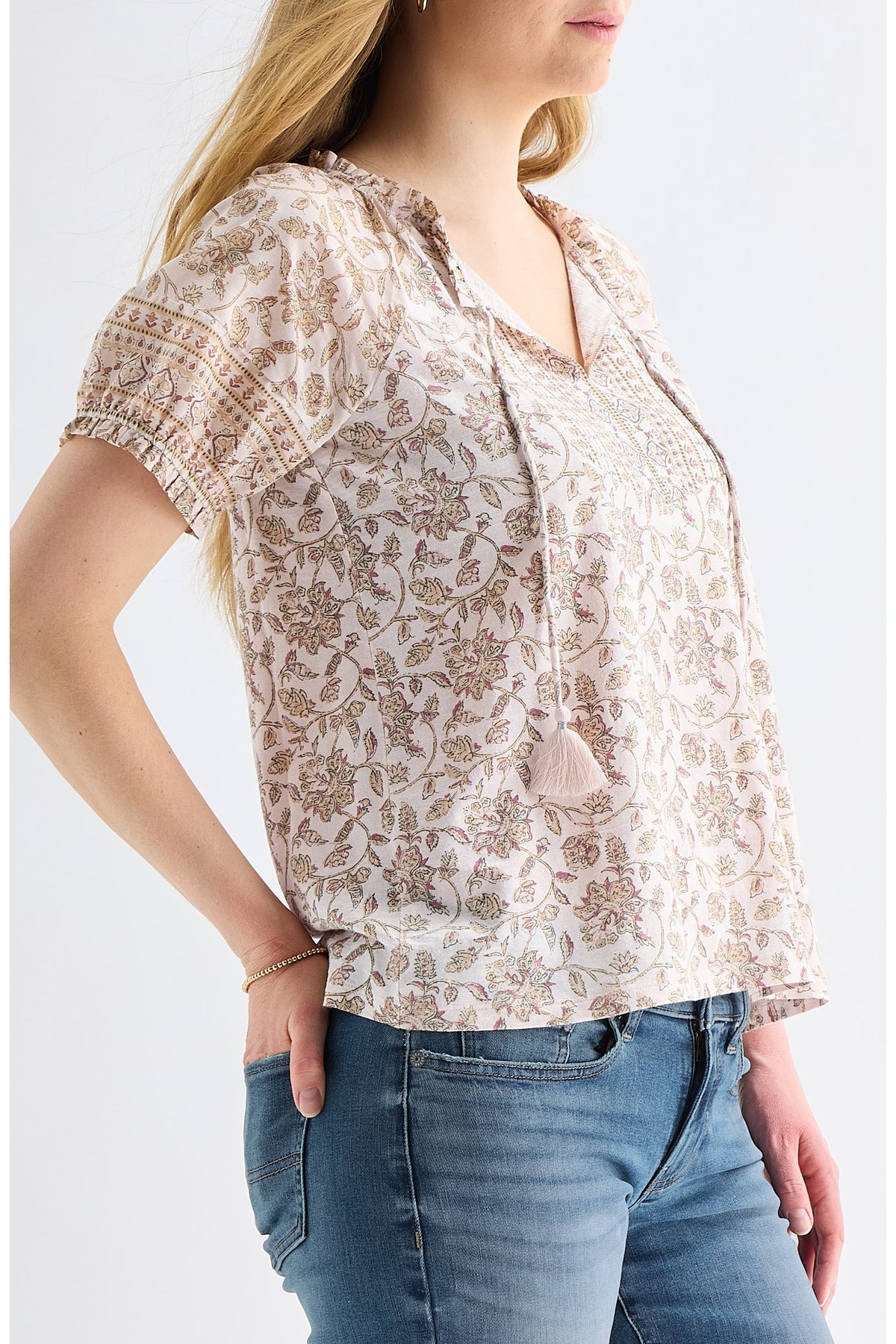 [159549-680] WOMENS LUCKY BRAND SHORT SLEEVE NOTCH NECK - PINK MULTI – product view 3
