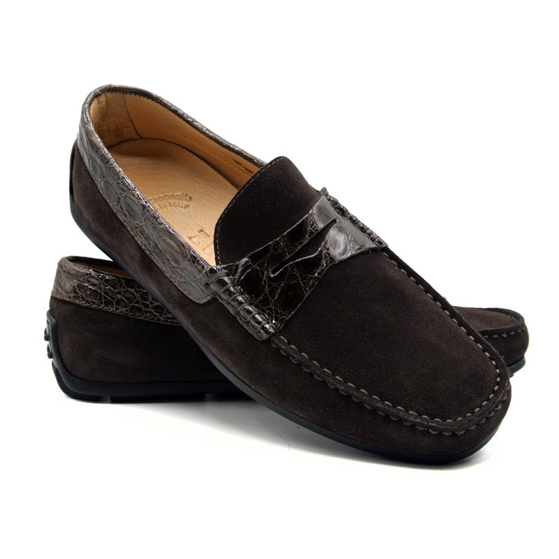 Zelli Italia Men's 31-160-NIC MONZA Sueded Calfskin with Crocodile Driver, Nicotine