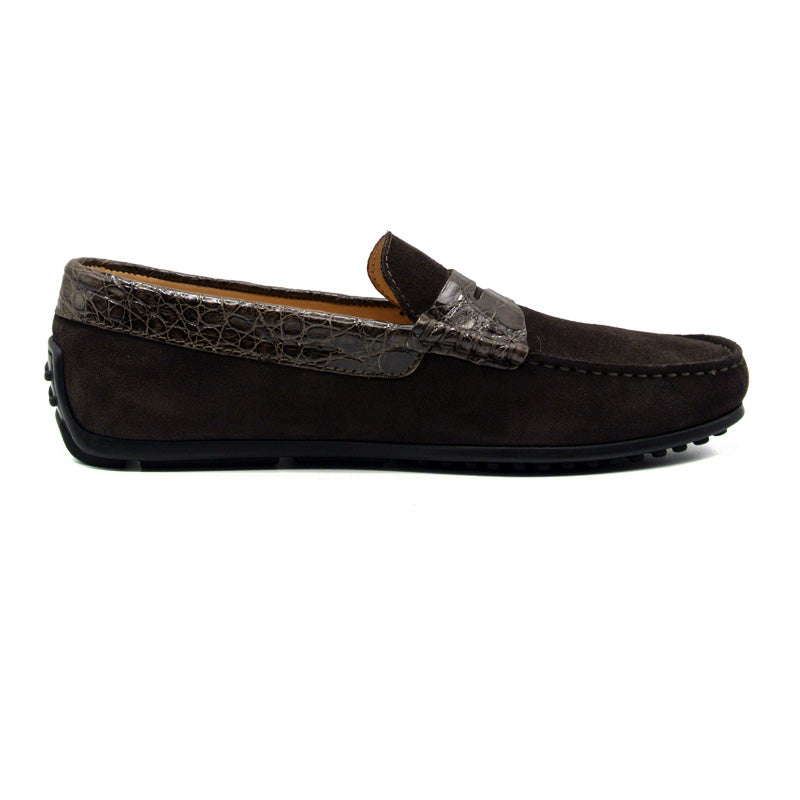 Zelli Italia Men's 31-160-NIC MONZA Sueded Calfskin with Crocodile Driver, Nicotine