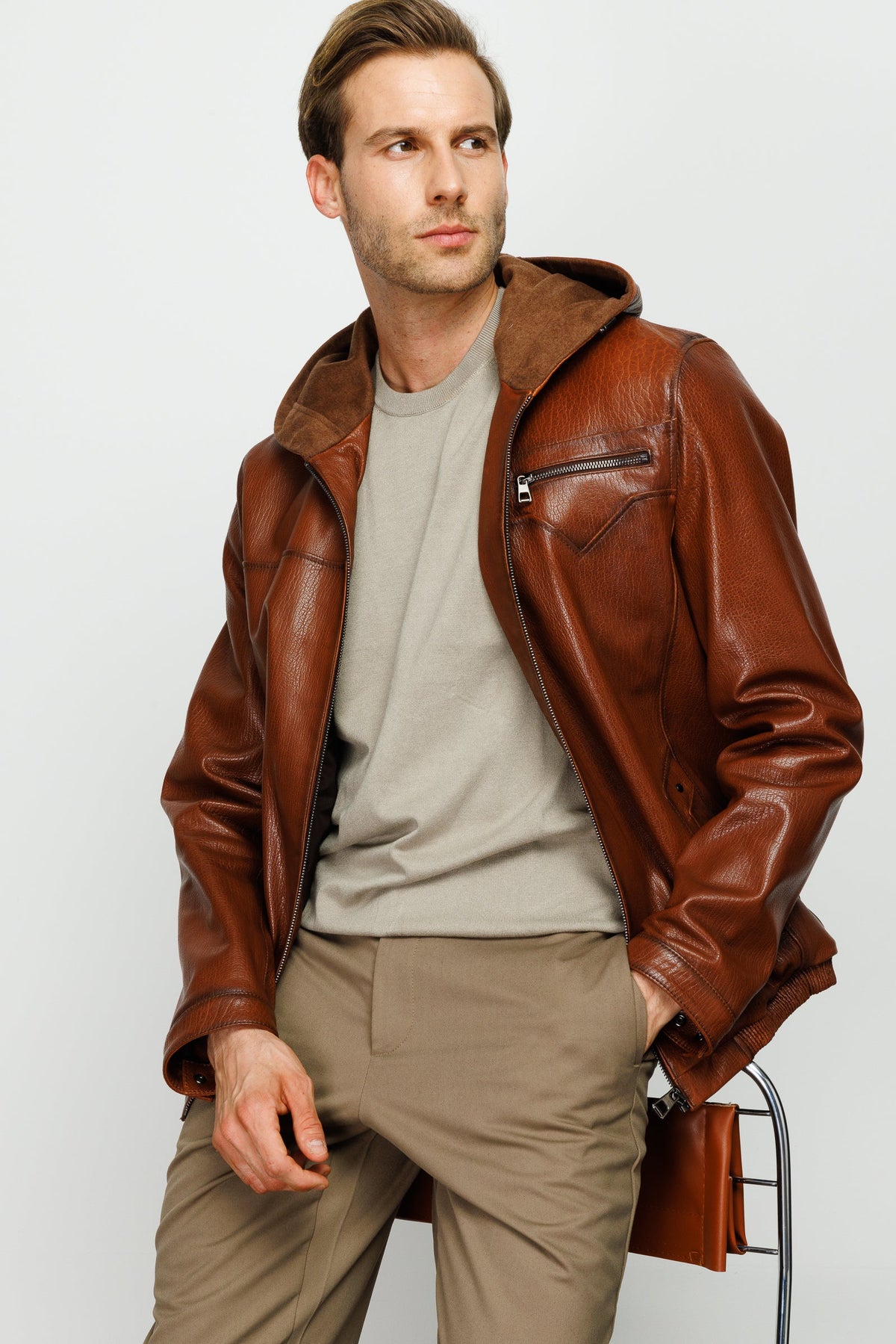 Vinci Leather The Byron Ribi Brown Leather Men Jacket – product view 5