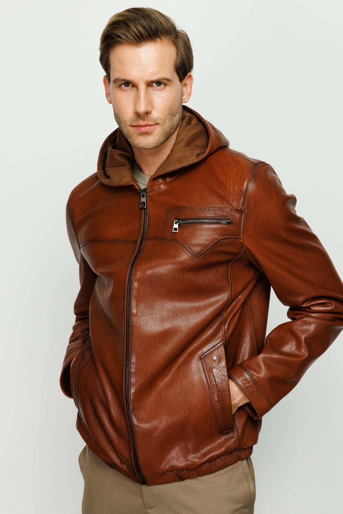 Vinci Leather The Byron Ribi Brown Leather Men Jacket – product view 1
