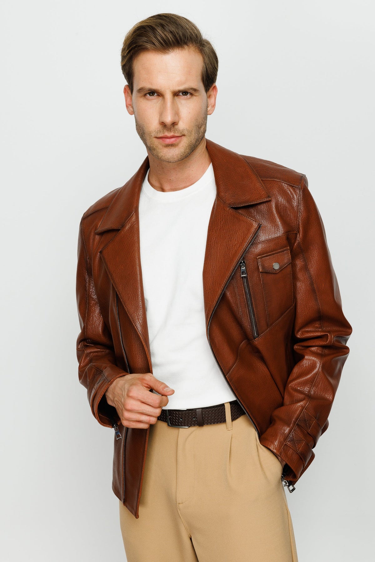 Vinci Leather The Monola Tan Leather Men Jacket – product view 2