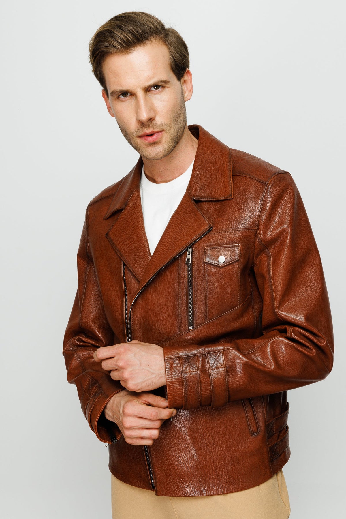 Vinci Leather The Monola Tan Leather Men Jacket – product view 3