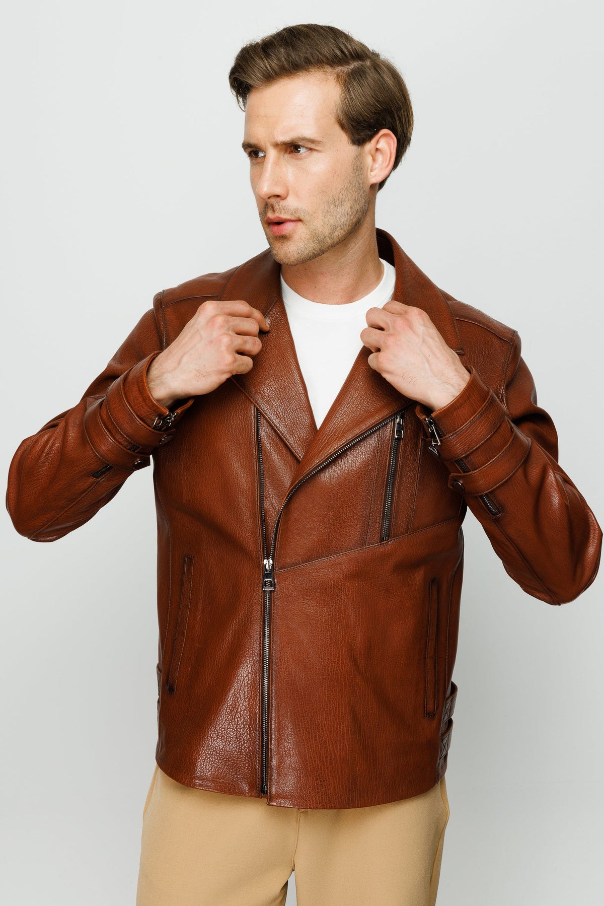 Vinci Leather The Monola Tan Leather Men Jacket – product view 6