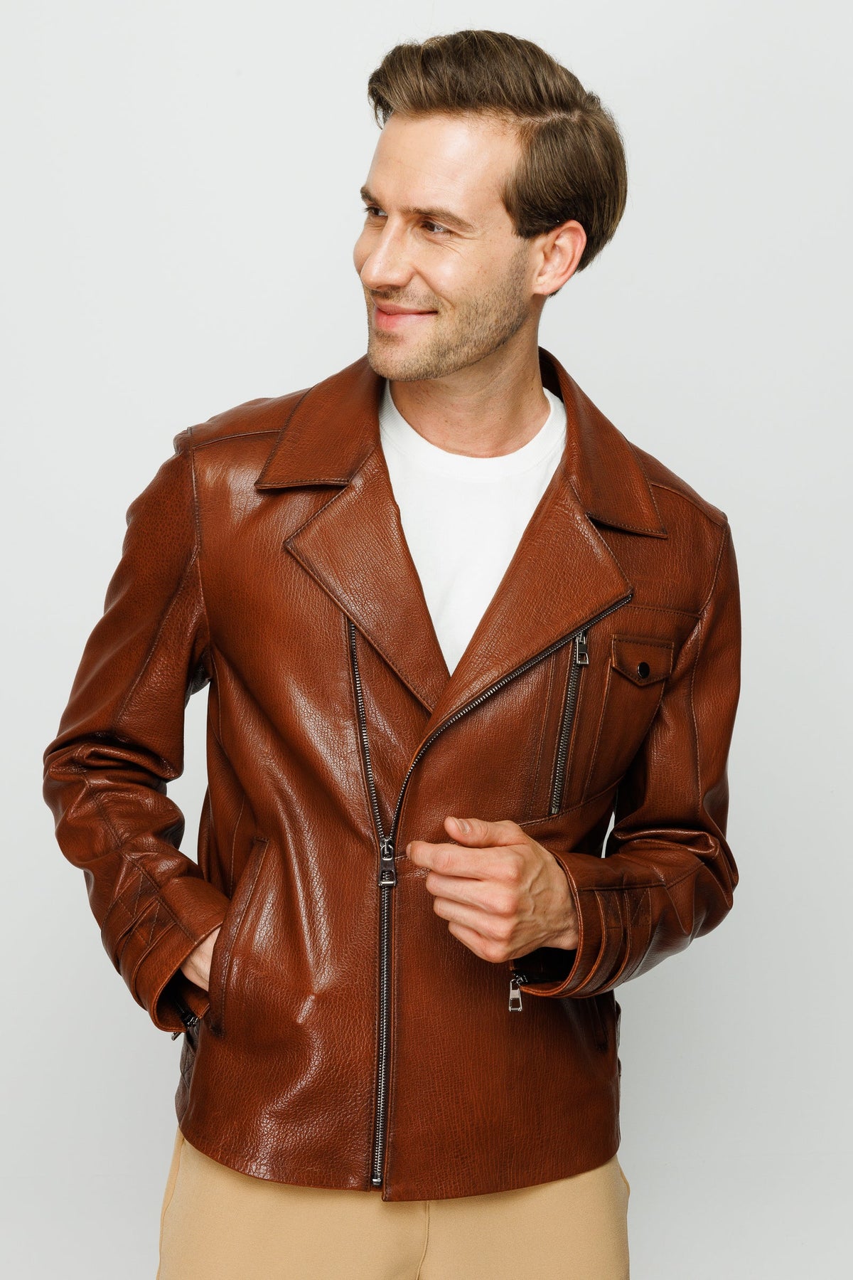 Vinci Leather The Monola Tan Leather Men Jacket – product view 1