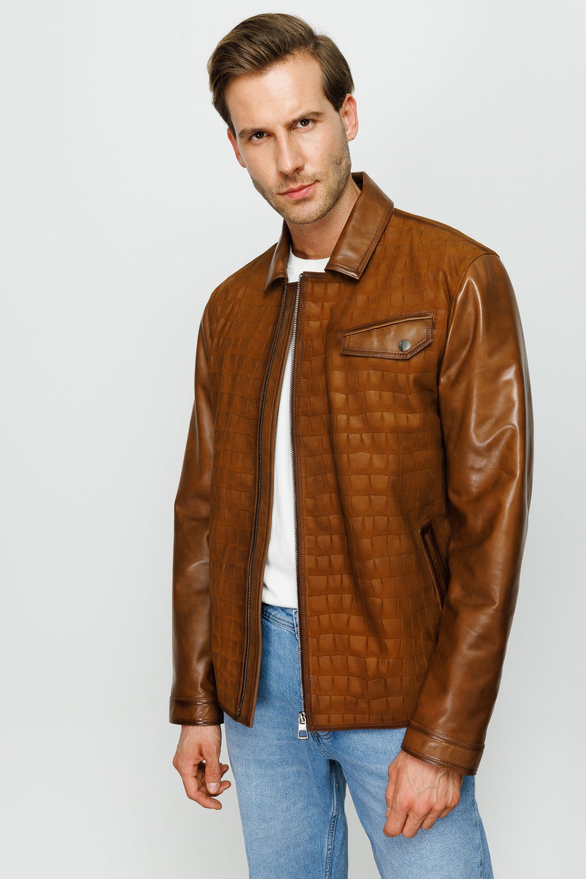 Vinci Leather The Emerson Tan Leather Men Jacket – product view 4