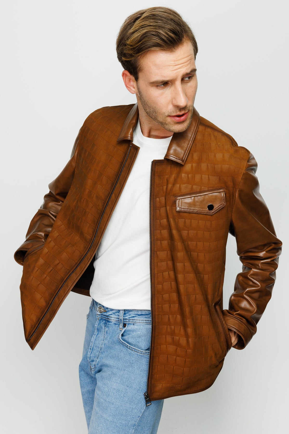 Vinci Leather The Emerson Tan Leather Men Jacket – product view 5