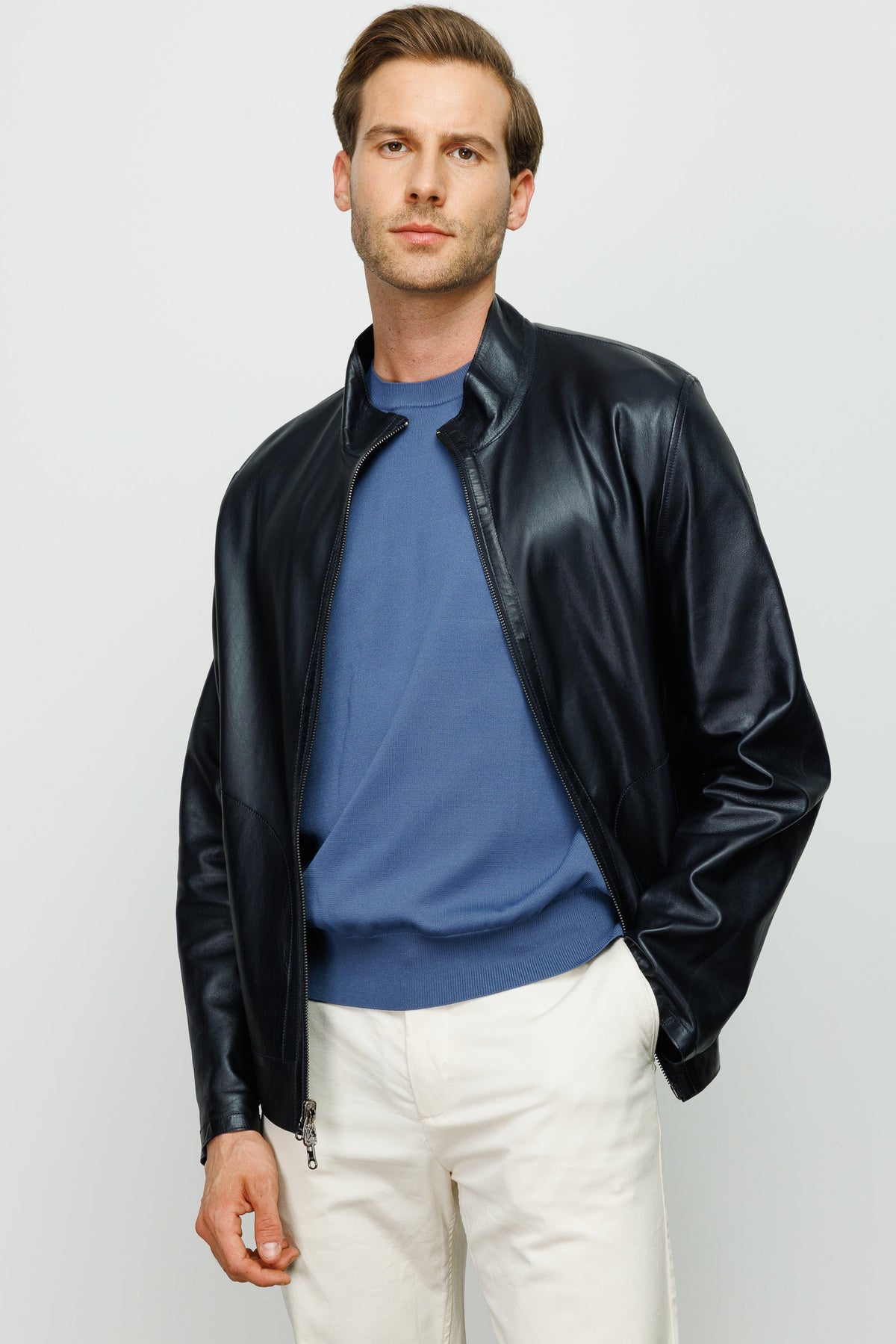 Vinci Leather The Del Rio Dark Blue Leather Men Jacket – product view 1