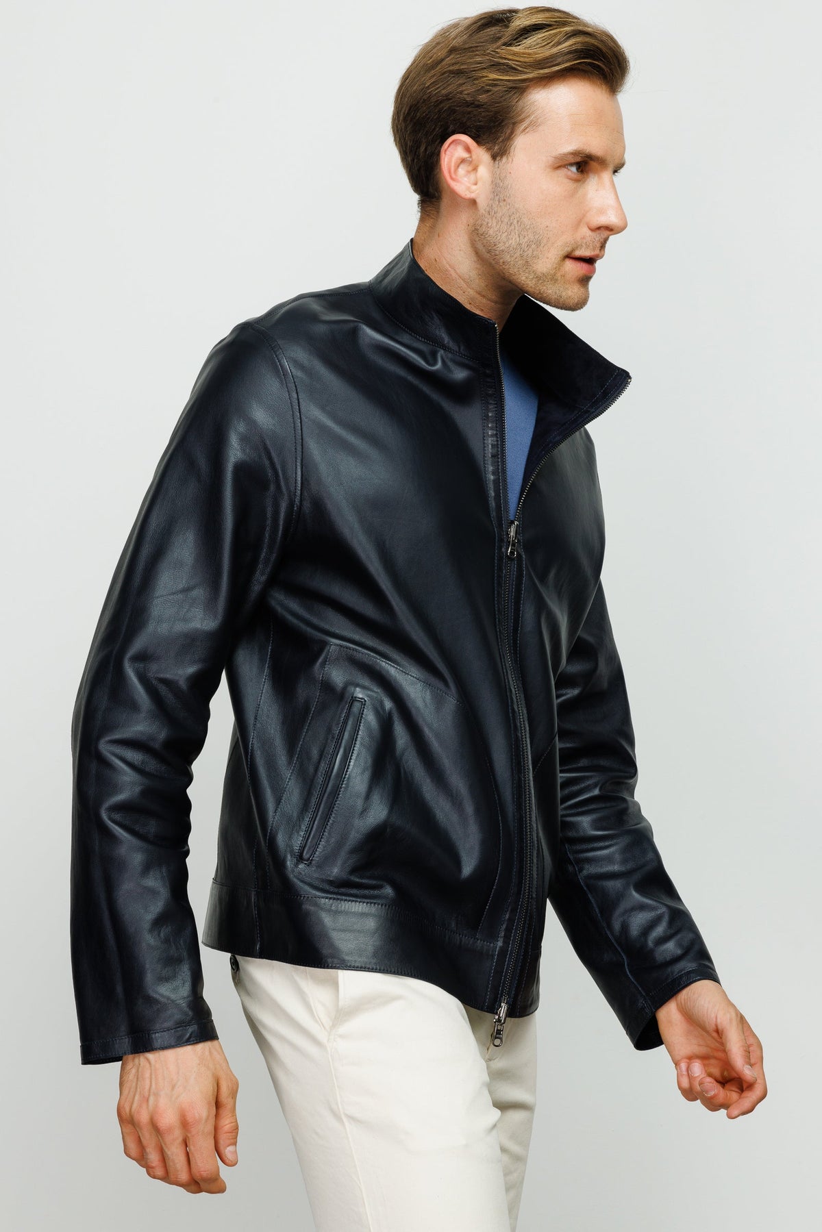 Vinci Leather The Del Rio Dark Blue Leather Men Jacket – product view 5