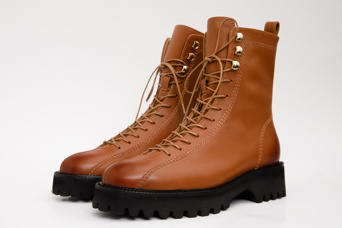 Vinci Leather The Moreno Tan Leather Lace-Up Mid Calf Women Boot Final Sale! – product view 2