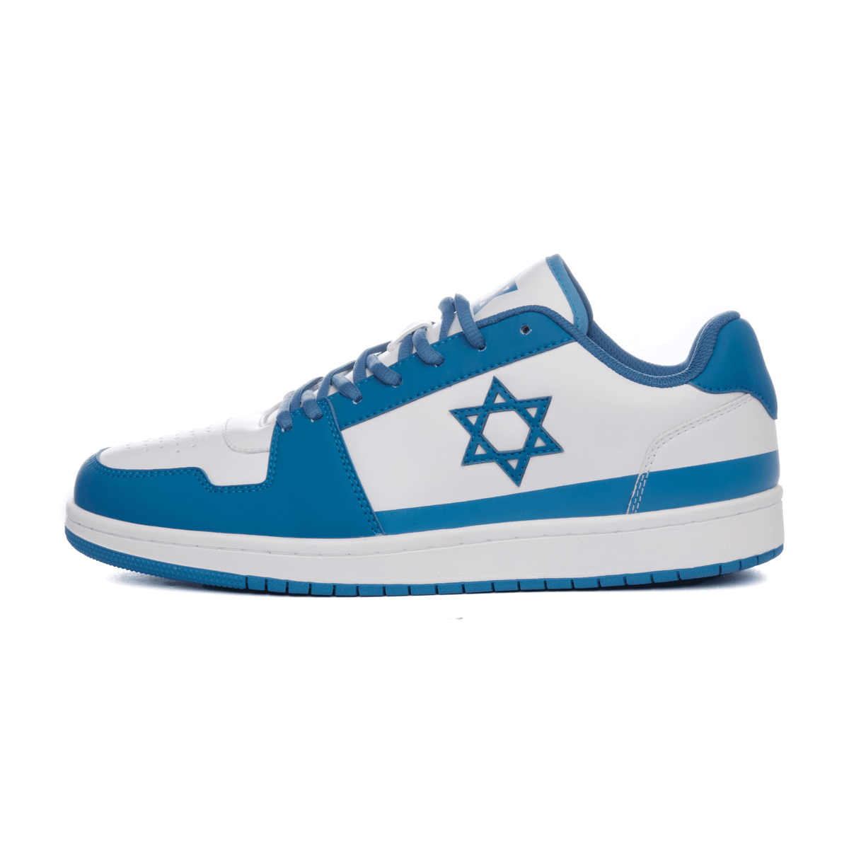 Air Maccabees Low Top sneaker in blue and white, side profile with toe facing left and Star of David emblem.
